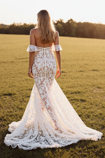 Lace Mermaid White Off The Shoulder Wedding Dress with Slit